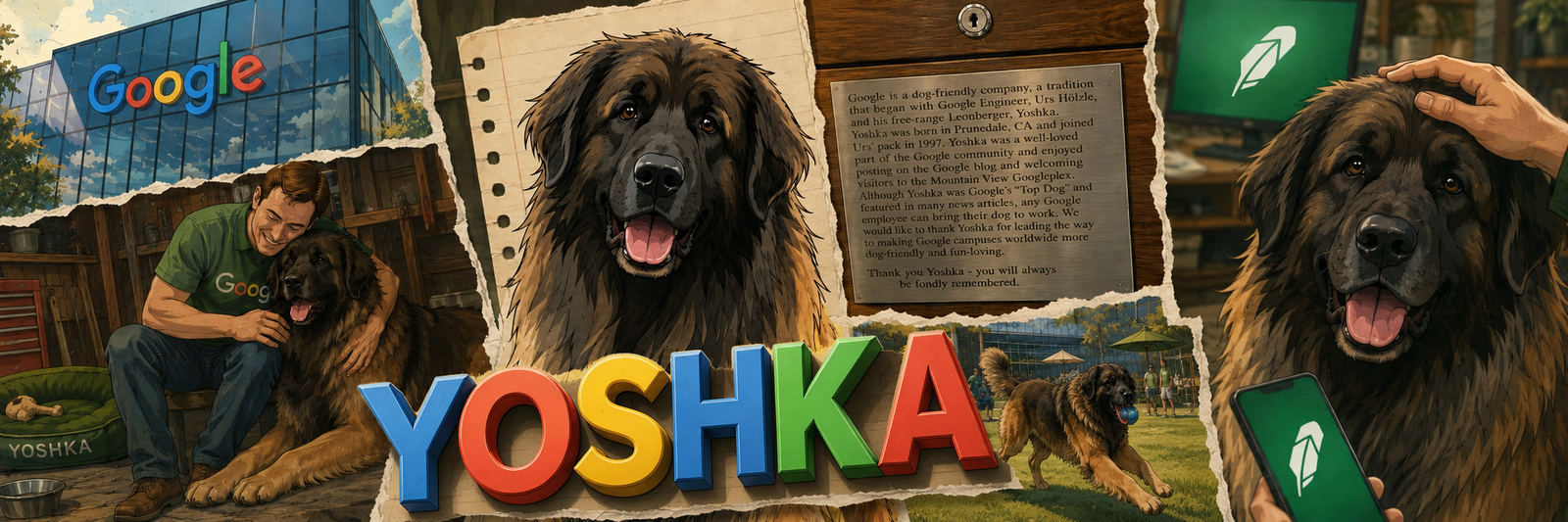 Yoshka collage with Google campus, portrait, and Robinhood references
